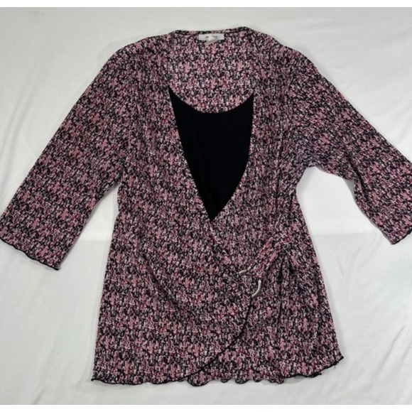 dressbarn Tops - Dressbarn Blouse Women 2X Pink Tunic Faux Wrap 3/4 Sleeve Knit Floral 6-7252DR